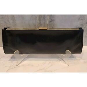 Hobo International Black Leather 13" X 5" Clutch Purse Wallet Gold Clasp EUC